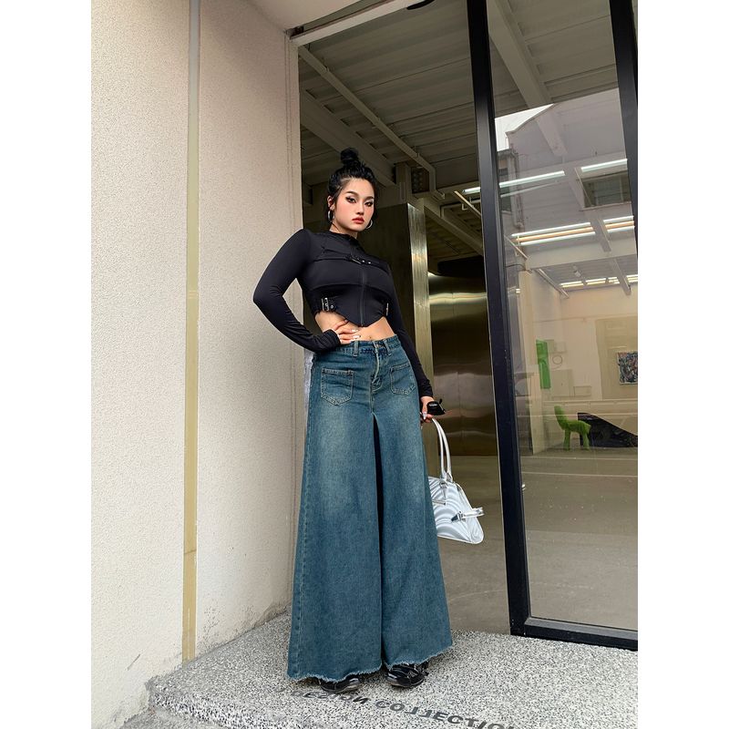 Brother Nan Loose-Fit Fashion Wide Leg Denim Women's Spring and Summer Plus Size Plus Size Ladies High Waist Loose and Slimming Big Horn Pants