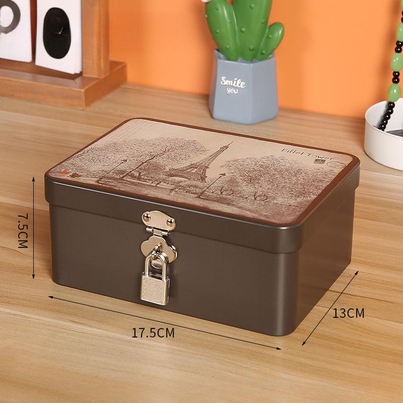 Iron Box with Lock and Key Desktop Storage Box Retro Tinplate Cosmetics ID Storage Household Jewelry Storage Empty Box