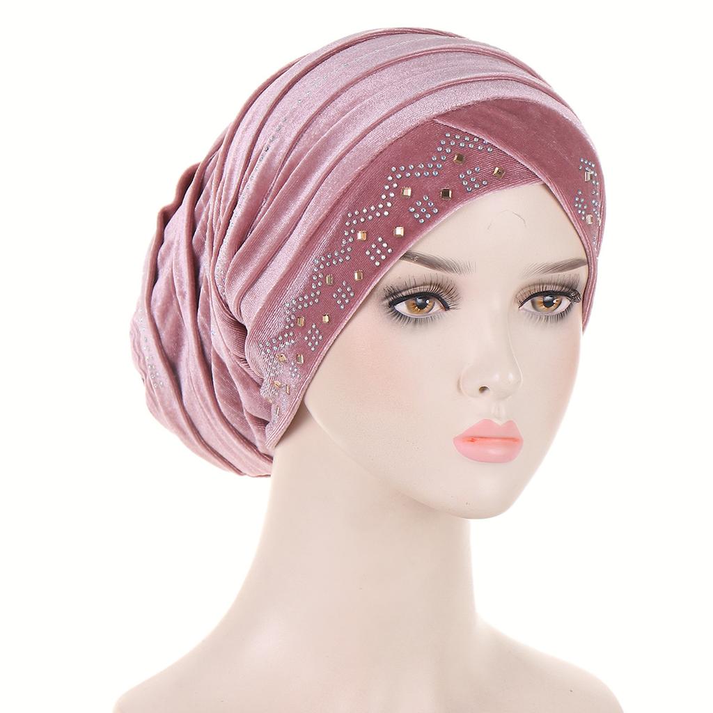 Glitter Diamonds Pleated Turban Caps for Women Soft Velvet Head Wraps Caps Muslim Headscarf Bonnet Female Beanie Pullover Cap
