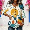 Womens Plus Size V Round Neck Mid Sleeve Front Button Chic Casual Loose Comfortable Weekend Ladies Blouse