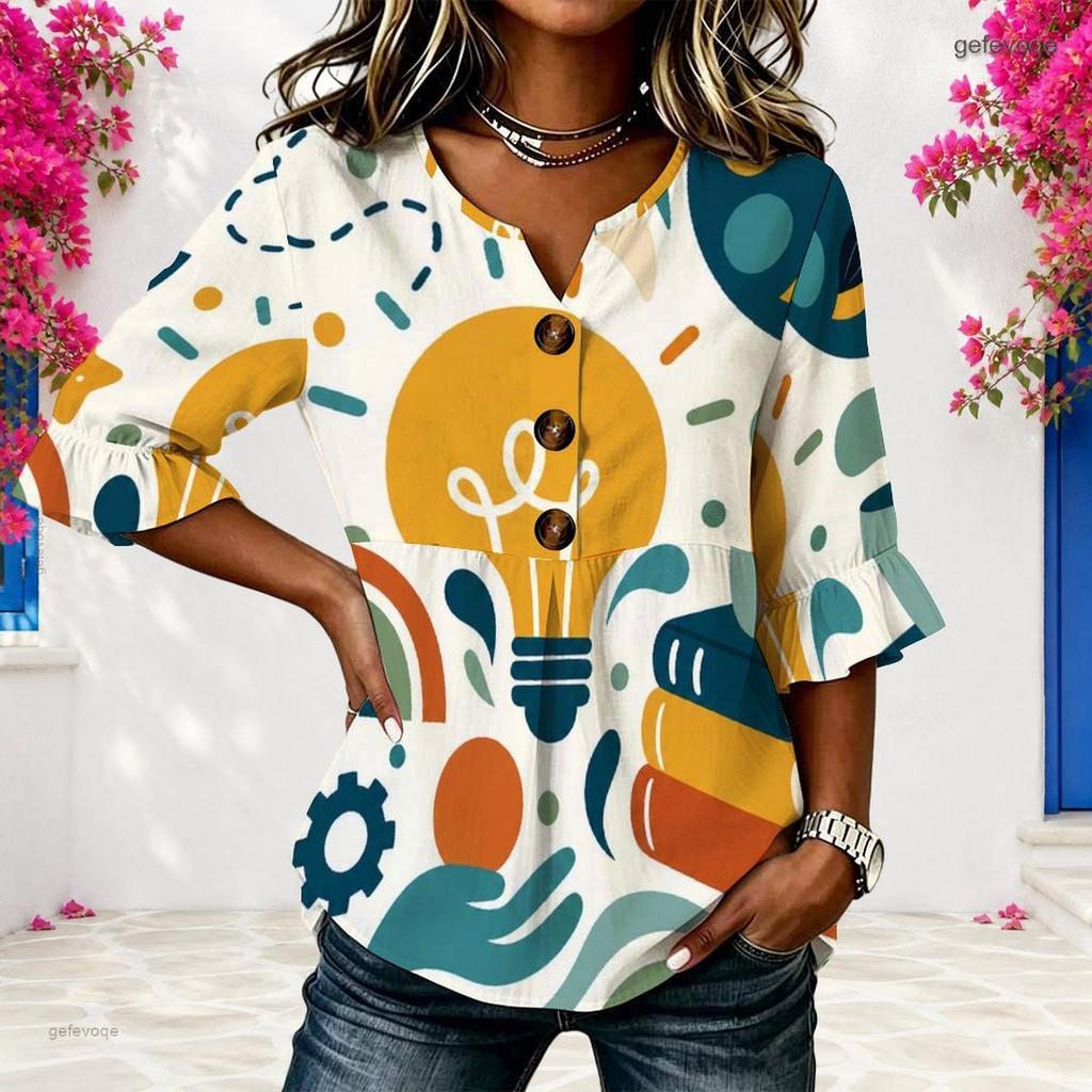 Womens Plus Size V Round Neck Mid Sleeve Front Button Chic Casual Loose Comfortable Weekend Ladies Blouse