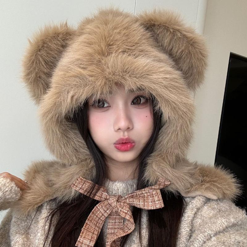 

Милая плюшевая шапка-медведь для женщин, модная осенью и зимой, утолщенная теплая шапка с защитой ушей, шарф интегрированный, ветрозащитная шапка-ушанка M（56-58cm）