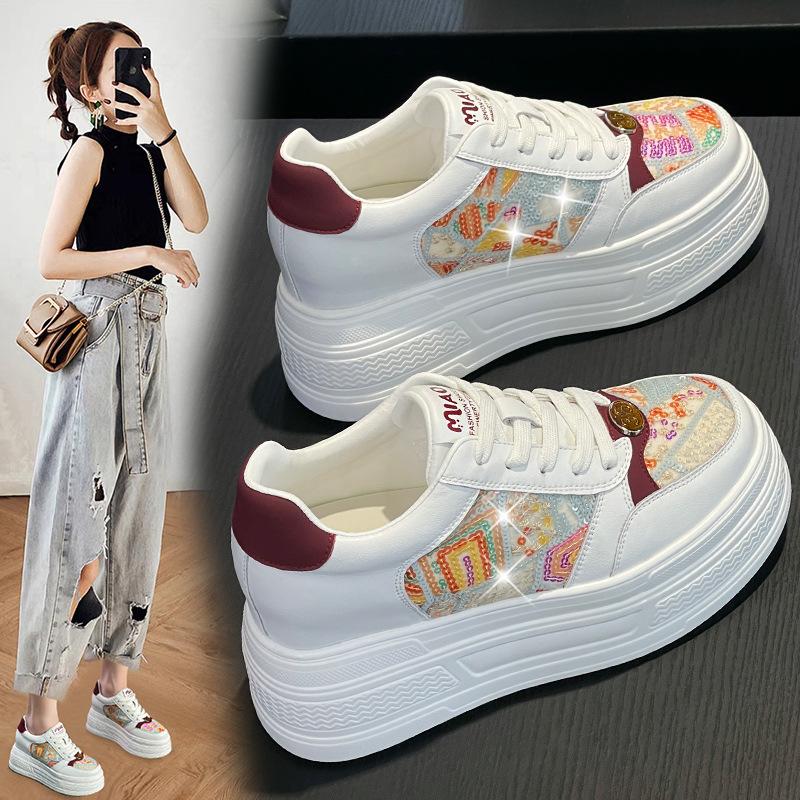Board shoes women's 2026 spring new 9cm sponge sole breathable board shoes Korean version genuine leather mesh women's shoes