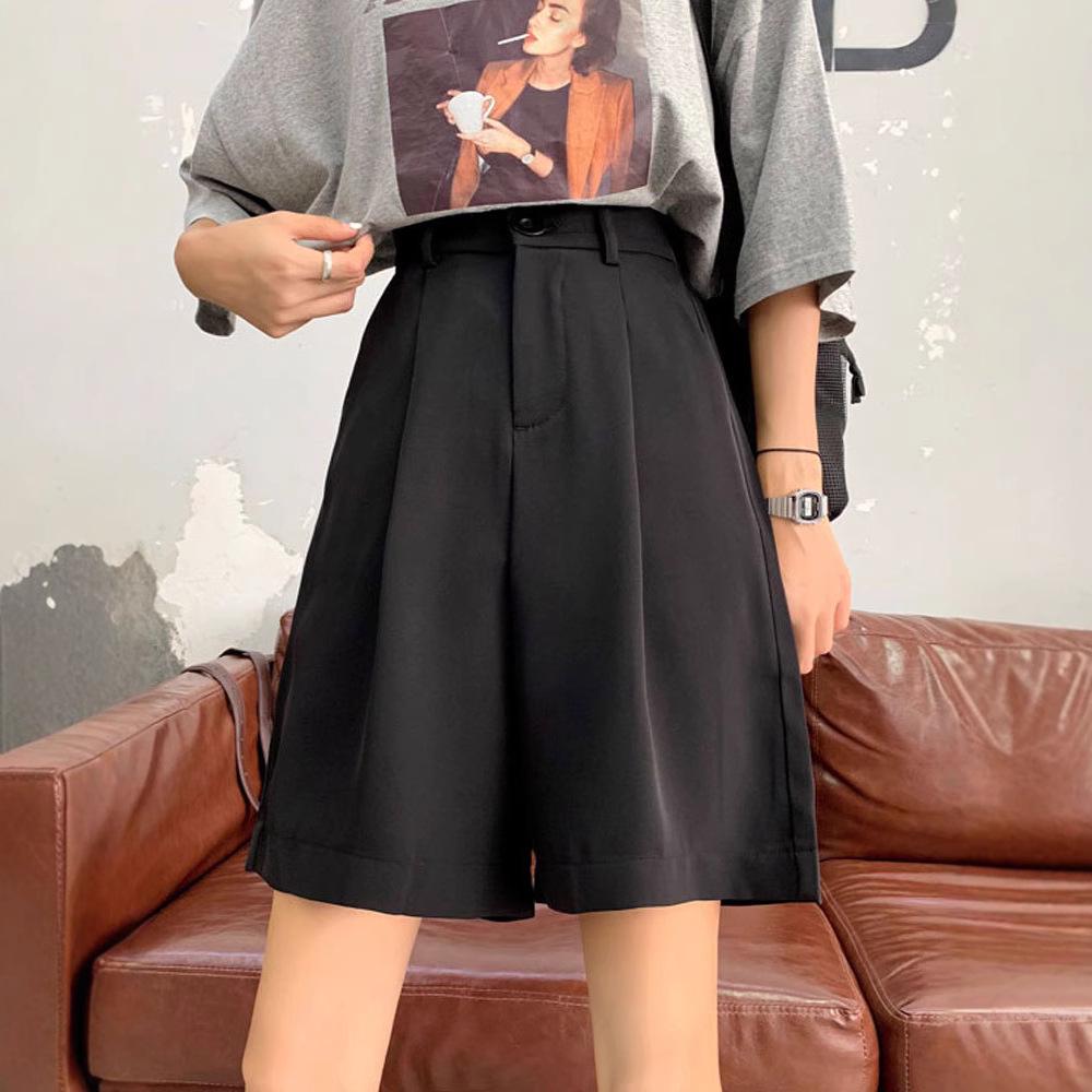 Damen Schwarze High Waist Locker Geschnittene Shorts im Koreanischen Stil mit Weitem Bein - Schlankmachende Frühling Freizeitkleidung