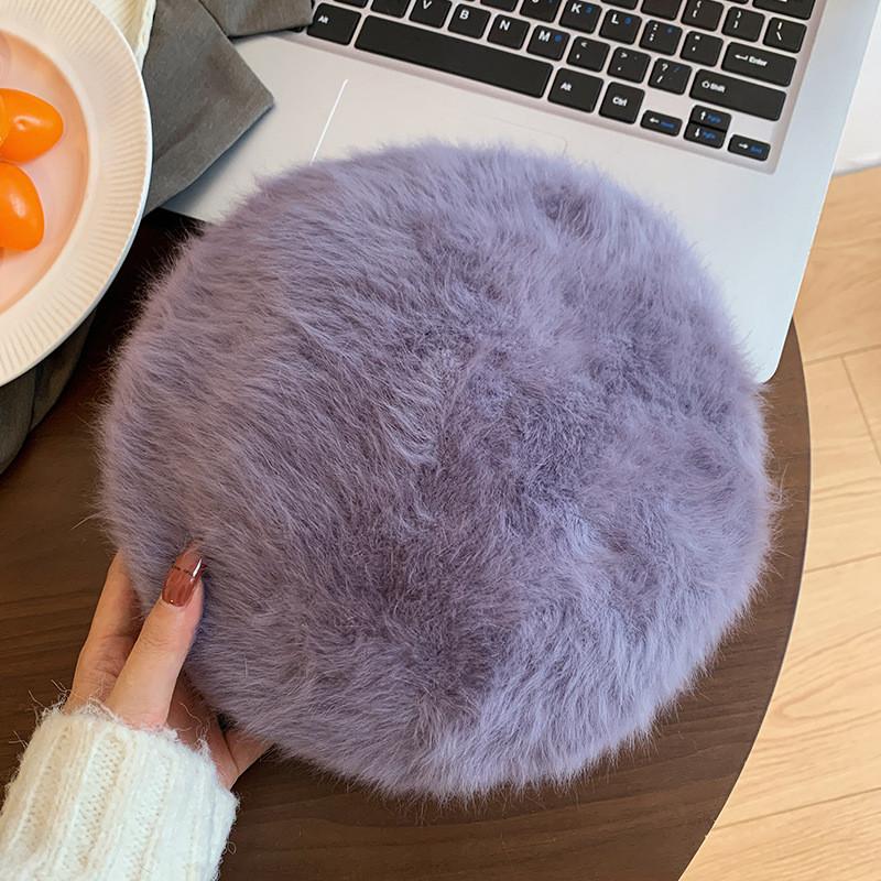 Elegant White Rabbit Fur Beret For Women Cozy Winter Hat Fashionable Painter Cap