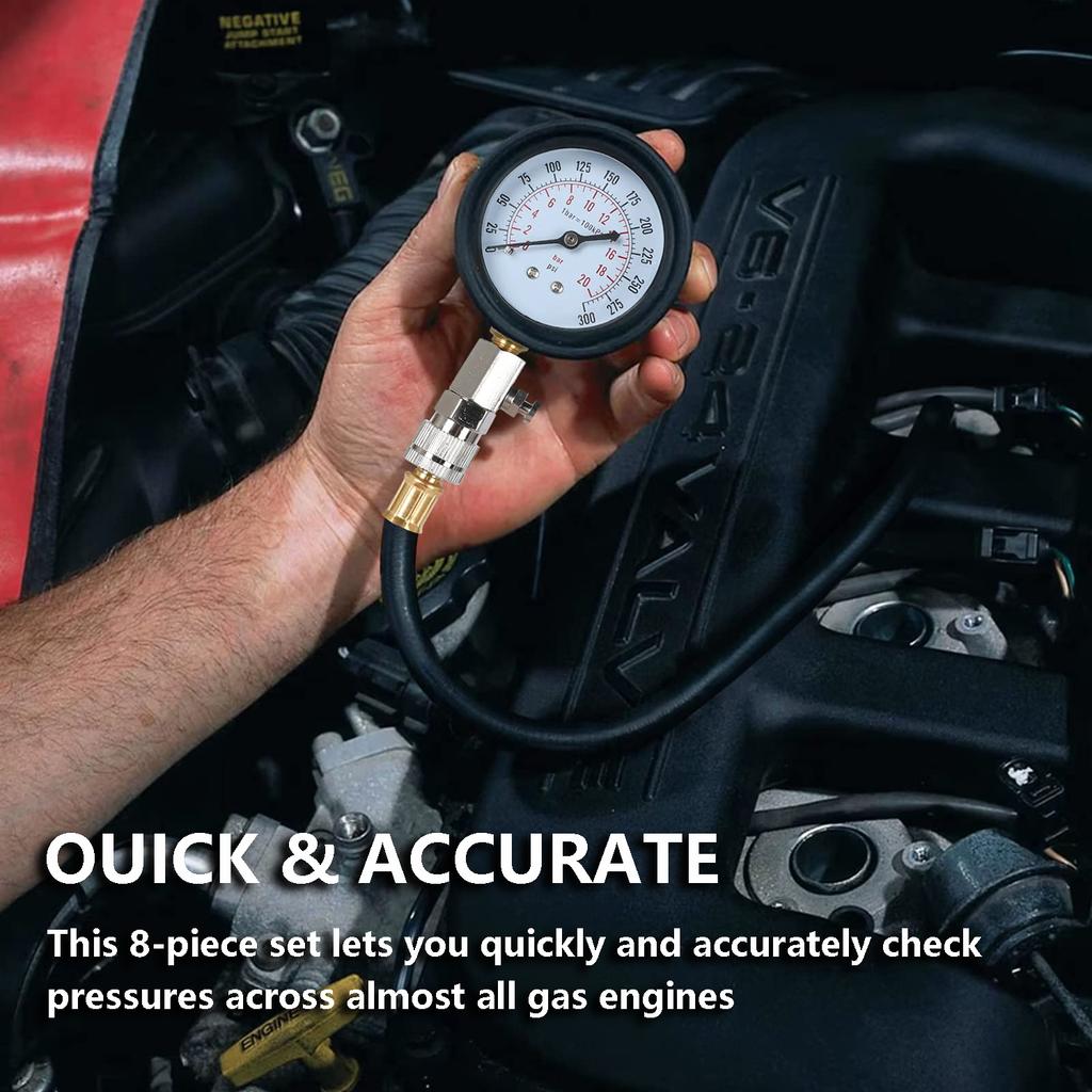 Engine Compression Meter with M10 M12 M14 M18 Adapter 0-300 PSI Pressure Gauge Automotive Cylinder Tester Kit