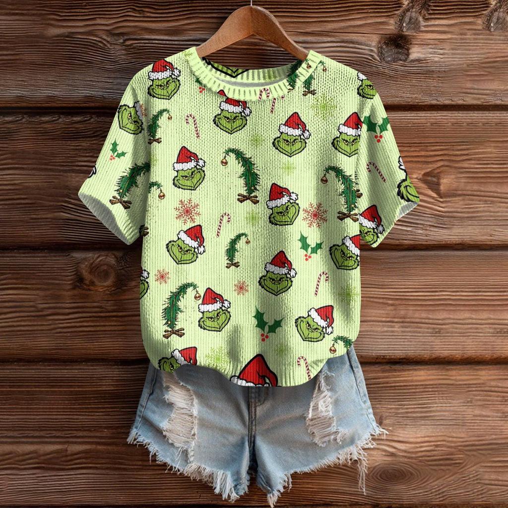 Women's Cute Sweater Knitted Fashion Casual Round-neck Short-sleeved  Cozy Print Top