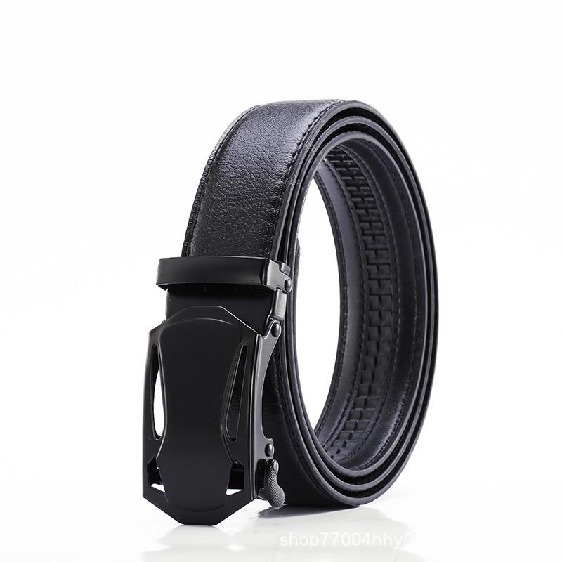 Men's Leather Belt with Automatic Buckle - Business and Casual Styles, High-End Edge-Cut and Topstitched Design.