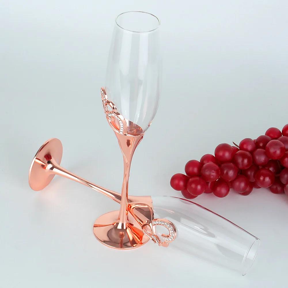 Rose gold champagne glass high-footed set glass wedding gift to the  heart-shaped diamond crystal glass red wine