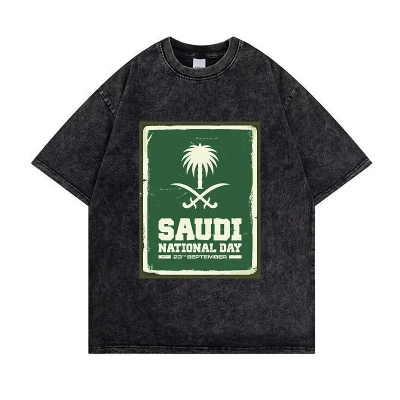 Hot Saudi National Day Graphic Print T-shirt Men Women Vintage Washed Cotton Loose Casual Oversized Top Harajuku Fashion Short Sleeve Summer New Tee