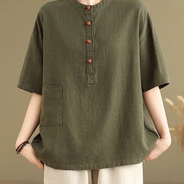 Plus Size Linen Vintage Button Pocket Short Sleeve T-Shirt Women's Summer Loose Slimming Fashion Top
