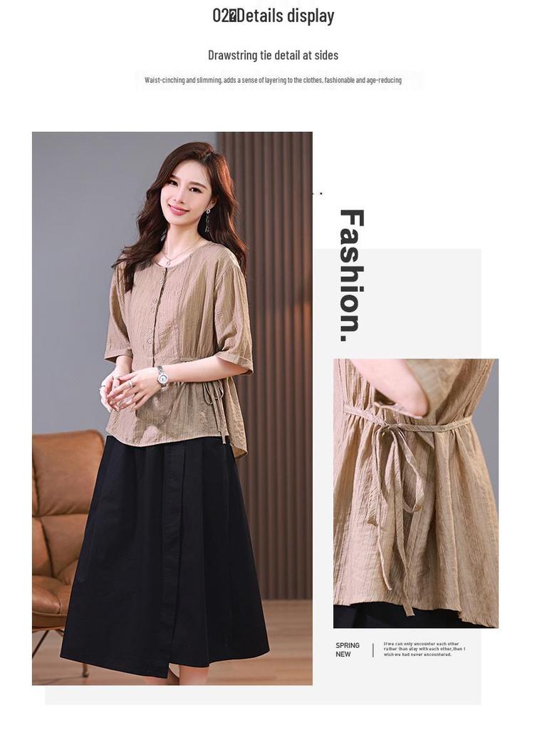 2025 Summer Fashion Tencel Two-Piece Set: Age-Reducing Mom Casual Blouse & Loose Midi Skirt