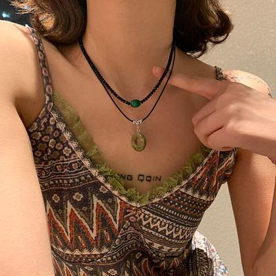 Vintage Handgefertigte Doppellagige Halskette mit Naturstein-Kreisanhänger - Retro Ethnisch für Damen