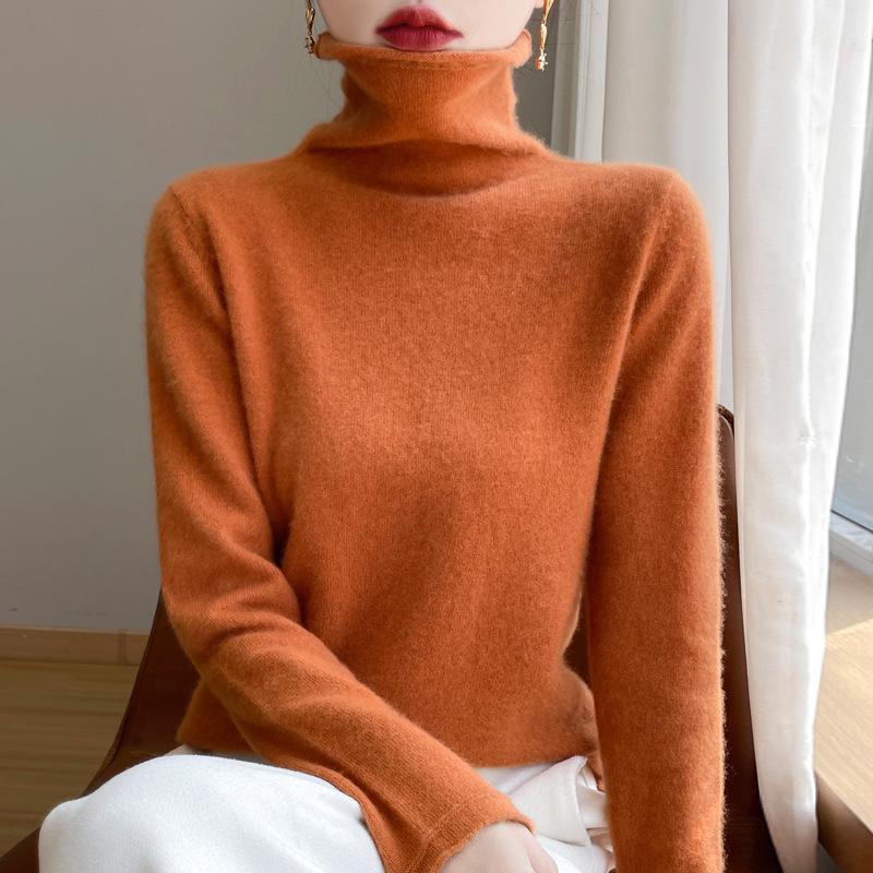 Women's 100% Wool Rolled Edge Turtleneck Sweater - Loose Fit Pullover Knit Base Layer