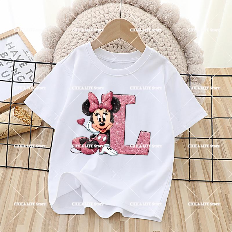 Disney Mickey Minnie Mouse Kids Cotton T-Shirts Anime Cartoon Printed Letter Tops Summer Pullover Casual Children Clothes Gift