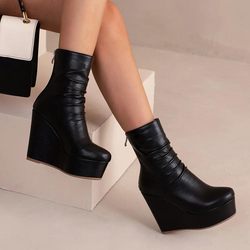 Fashion Wedges Ankle Boots Women Winter Autumn Shoes Fashion Faxu Leather Platform Women's Short Boots Sexy High Heels Black Shoes Femal