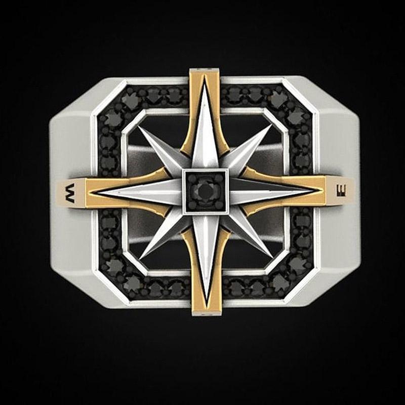 Retro Viking Style Nautical Compass Seal Ring Male Gold Color Two-Color Stainless Steel Rings Fashion Vintage Jewelry for Men