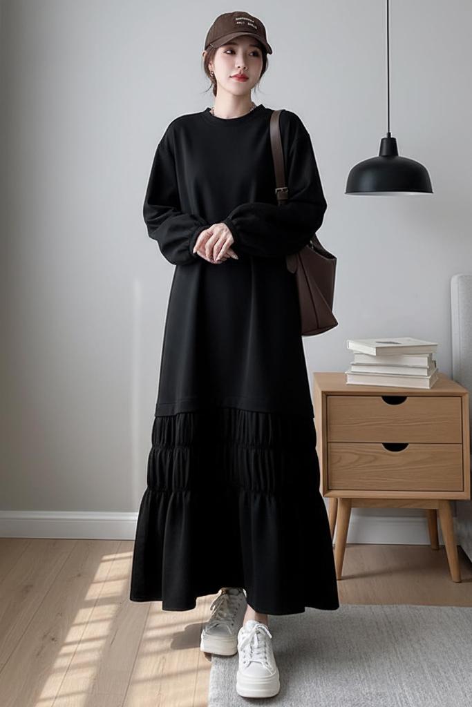 Chubikime Sweat Long Loose Ruffled Crew Maxi Plus Spring Women's Dress, Sleeve, Fit, Flattering, Hem, Neck, Length, Sizes, Relaxed, Cute, Fall,