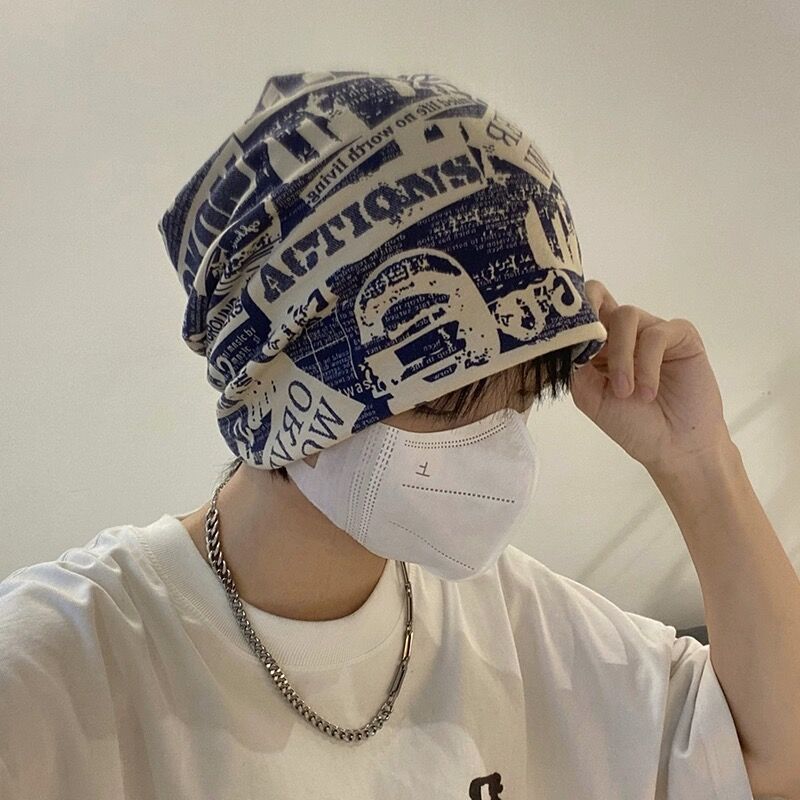 

RICYGVM Retro Print Women Pullover Hat Streetwear Fashion Loose Baggy Sloughy Beanie Autumn Winter Warm Bonnet Girls Skullcaps темно-синий