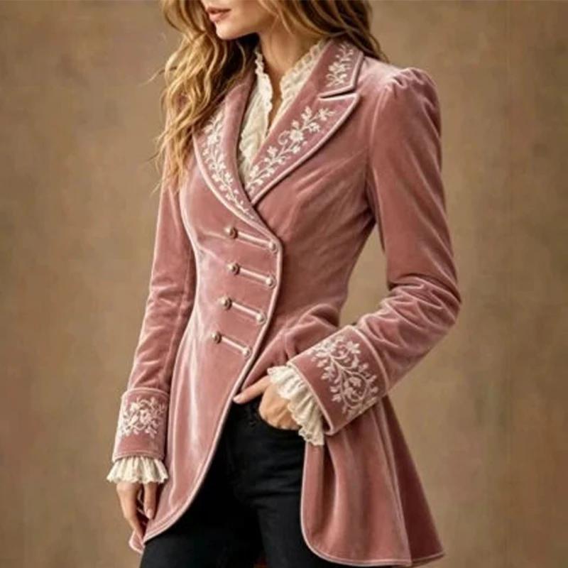 Autumn Winter Women Retro Velvet Coat Floral Embroidery Lapel Long Sleeve Slim Fit Mid‑Length Party Outerwear