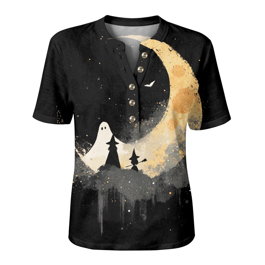 Women's Short Sleeve Button Down Shirt, Halloween Print, Cotton Linen , Casual Summer Top