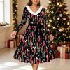 Dames Kerstprint Midi Jurk, Lange Mouwen V‑hals Bontrand A-lijn Feestjurk, Kerst Limited Edition