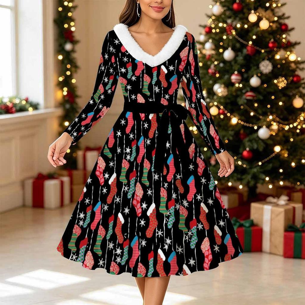 Dames Kerstprint Midi Jurk, Lange Mouwen V‑hals Bontrand A-lijn Feestjurk, Kerst Limited Edition