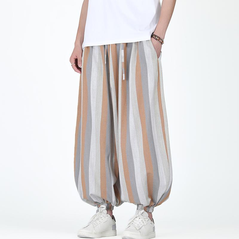 

2025 Лето Мужская уличная одежда Большие брюки Мужские повседневные широкие брюки Harajuku Полосатые шаровары Мужские полосатые свободные брюки L жёлтый
