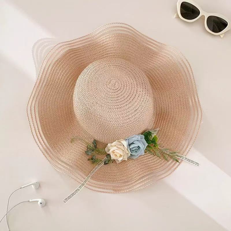 New bow lace straw hat women's summer seaside beach vacation sun hat large brim sun protection hat
