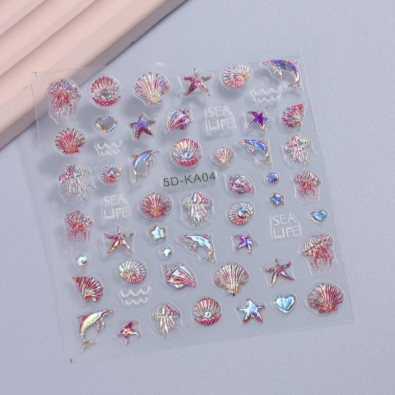 Embossed Jellyfish Shell Ocean Nail Art Sticker Self Adhesive Marine Life Whale Nail Decals Manicure Diy Supplies Nails Slider