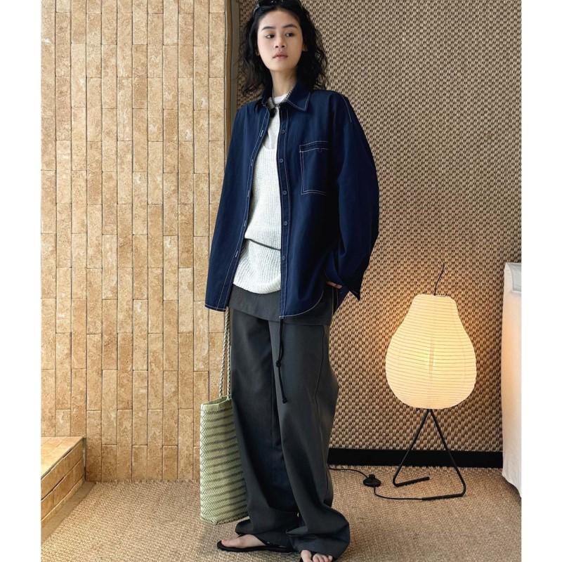 Johnature Spring Summer Korean Outlined Stitch Spliced Button Faux Denim Shirt Large Pockets Loose Tops For Women