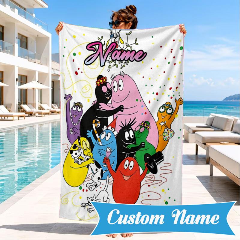 Custom Name Colorful Cartoon Barba-papa Heart In Space Adventure Microfiber Beach Towel, Lightweight for Summer Travel, Swimming Pool Fan Gift