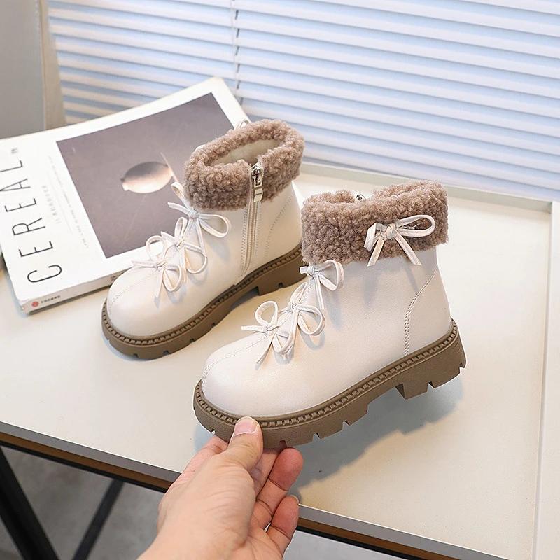 Girl Winter Boots Sweet Chic Children Platform Ankle Boots Elegant Bowknot Versatile Kids Fashion Cotton Boots New Solid Color