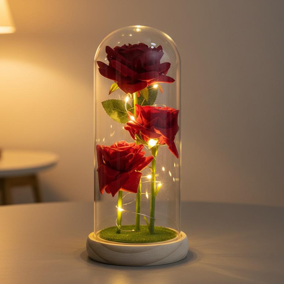Simulation Eternal Flower Rose Bouquet Glass Cover Qixi Festival Valentine's Day Mother's Day Christmas Gift Box Finished Product