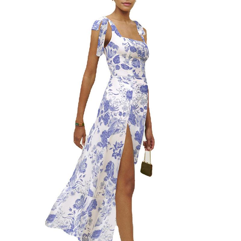 Women S French Style Sleeveless Floral Print Slit Slim Dress