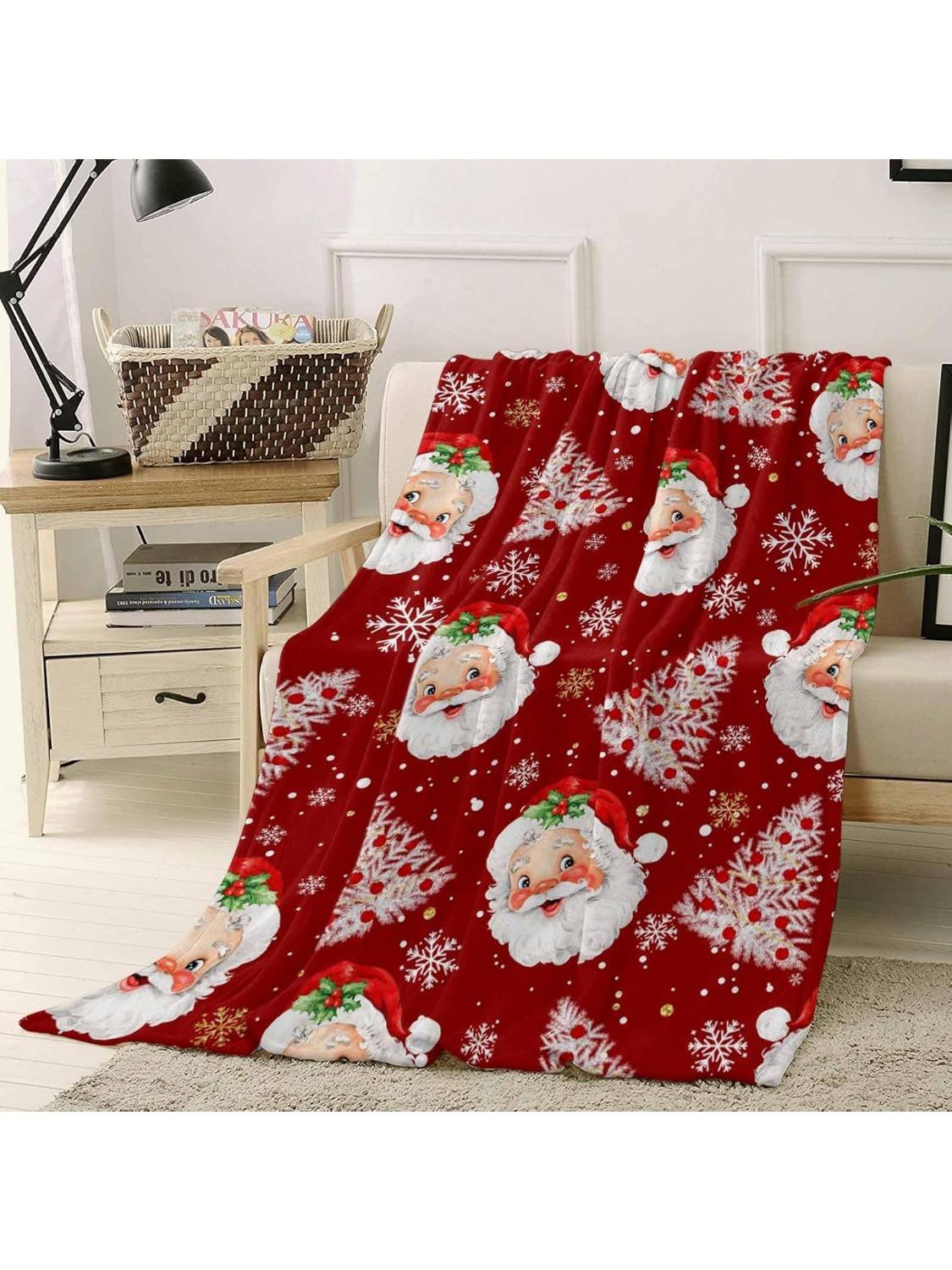 

Christmas Tree Santa Claus Throw Blanket Flannel Fleece Throws, Winter Gold Snowflake Lightweight Super Soft Warm Blankets for 75x90cm