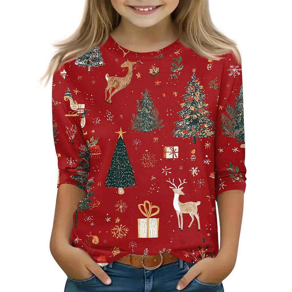 Children's 3/4 Sleeve Tops Casual Christmas Print T Shirt Round Neck Pullover Blouse