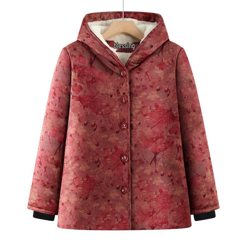 Elderly Women's Plush Lined Hooded Winter Coat