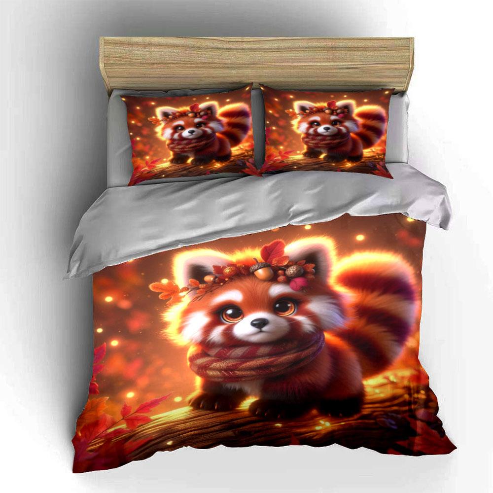 Autumn Raccoon Cartoon Duvet Cover Set With 3D Printing Design Soft Polyester Bedding Set All-Season Comfort Machine Washable