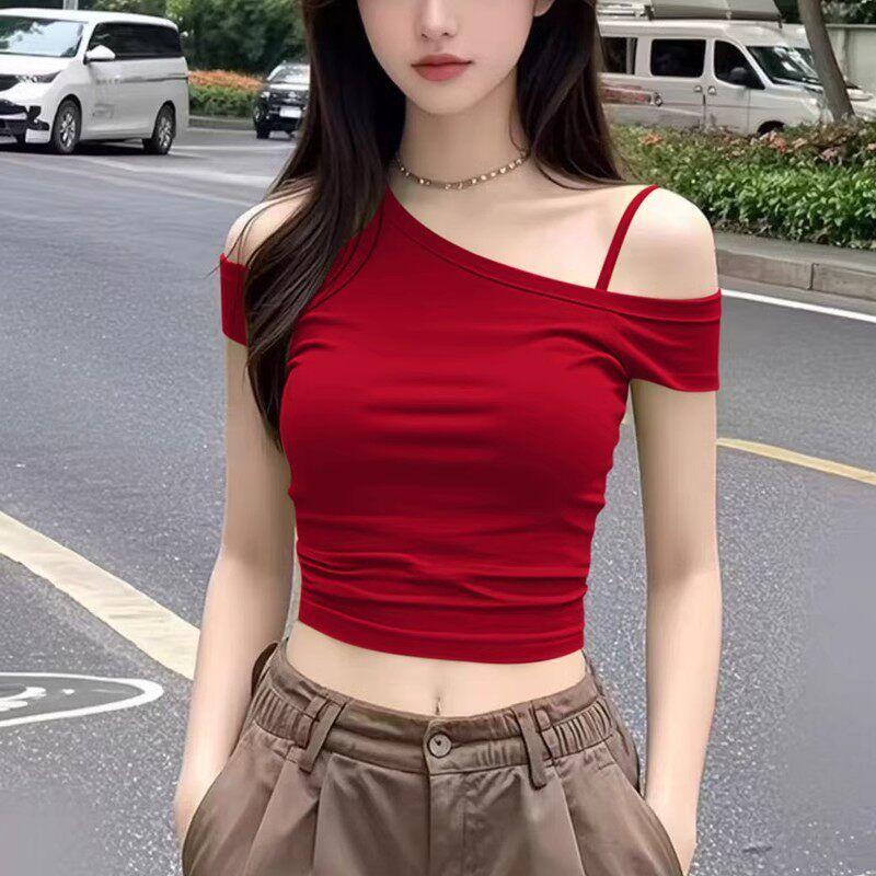 New Style Pure Desire Short Spicy Girl One-Shoulder Black Asymmetrical Neck Off-Shoulder Unique and Chic Top for Women Summer Short-Sleeve T-Shirt Burgundy M