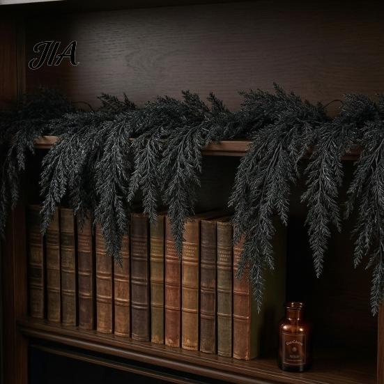 Waterproof Outdoor Halloween Props Black Garland, Spooky Artificial Cedar Vine for Mantel Fireplace, Realistic Dark Aesthetic Fireplace Mantle