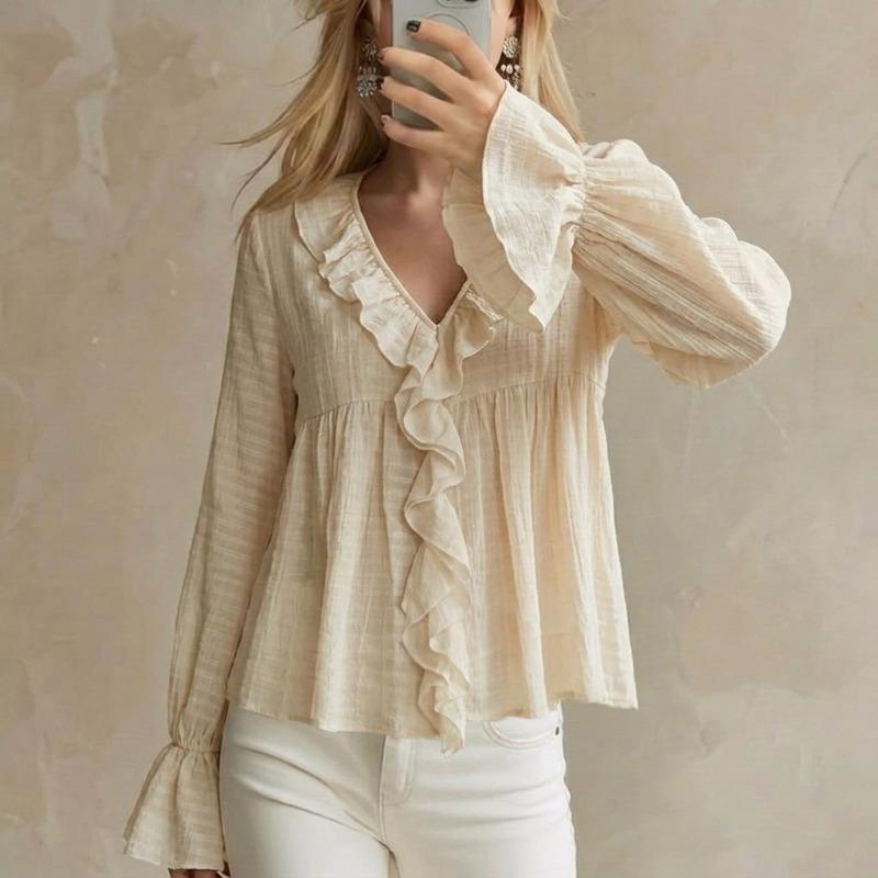 Women S Sweet Style Ruffled Flared Long Sleeve Thin Blouse For Summer Autumn Casual Wear