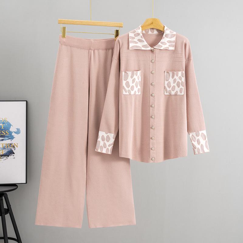 Women's Cross-Border Casual Knit Wide-Leg Pants & Polo Collar Cardigan Sweater Set for Spring/Autumn