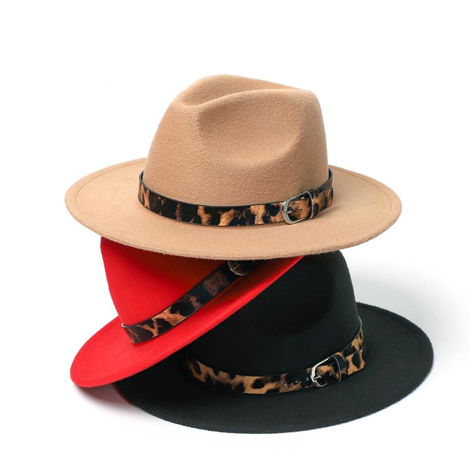 19 Color Women'S Wide Brim Felt Fedora Panama Hat With Leopard Belt Buckle Party Trilby Cowboy Hat Fashion Jazz Cap