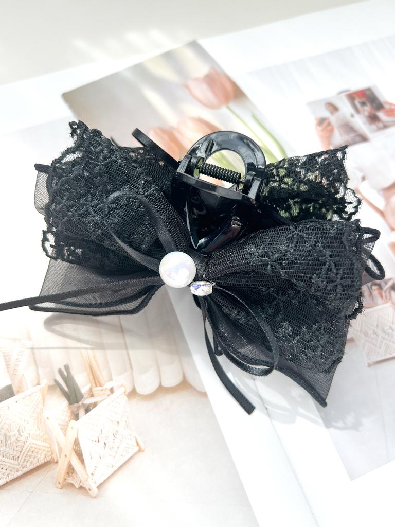 Women's Black Sweet Large Double Deck Bow Hair Claw Clip,Net Bowknot With Jewly Hairpin,Fashionable Hair Accessories