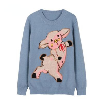 New Runway Jacquard Knitted Pullover Blue Cute Pig Pattern Sweet Fashion Jumper C-075
