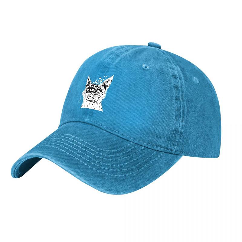 Crown Cat Logo Washed Cotton Baseball Cap Classic Black Adjustable Hat with Unique Animal Design for Everyday Wear