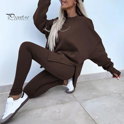 2 Pcs/Set Women Top Pants Suit Round Neck Long Sleeve Irregular Hem Sweatshirt Elastic Waist Solid Color Trousers Winter Daily Wear Tracksuit