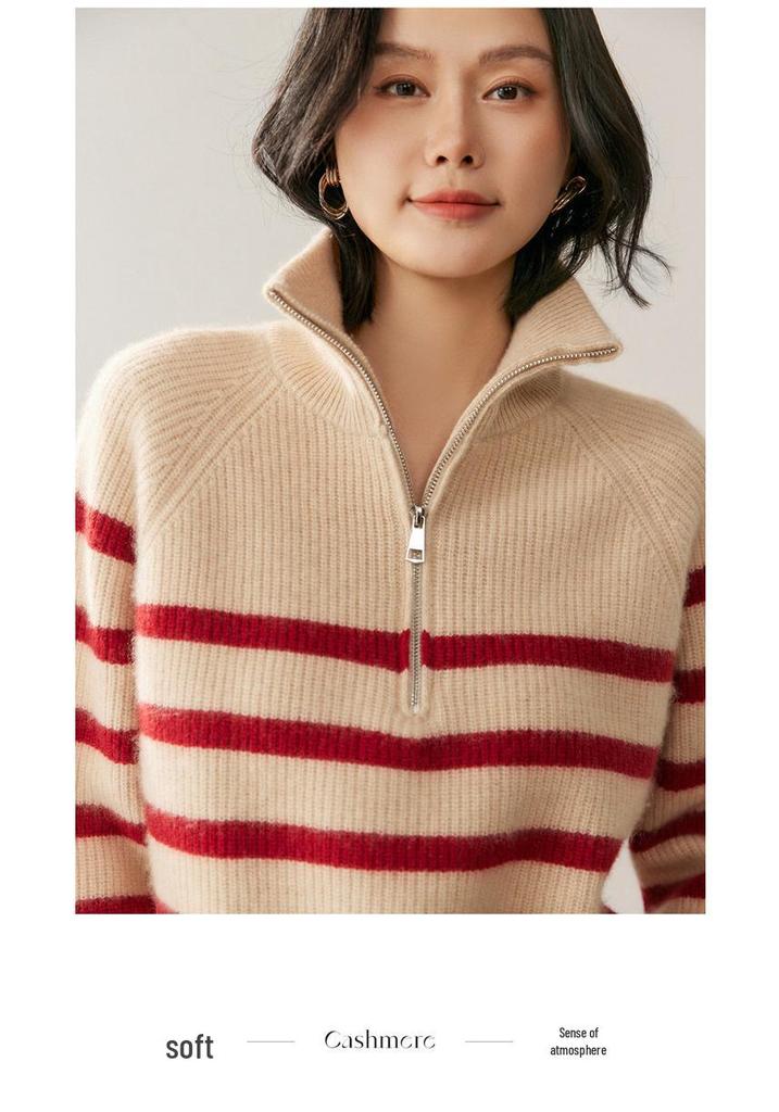 2026 Autumn Winter Women's Cashmere Half-High Collar Zipper Striped Knit Sweater