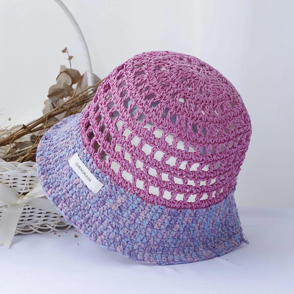 Hollowed Out Sun Hat Fashion Style Bucket Hat Multicolor Foldable Sun Crochet Hat For Beach Travel Vacation Handmade Straw Hat